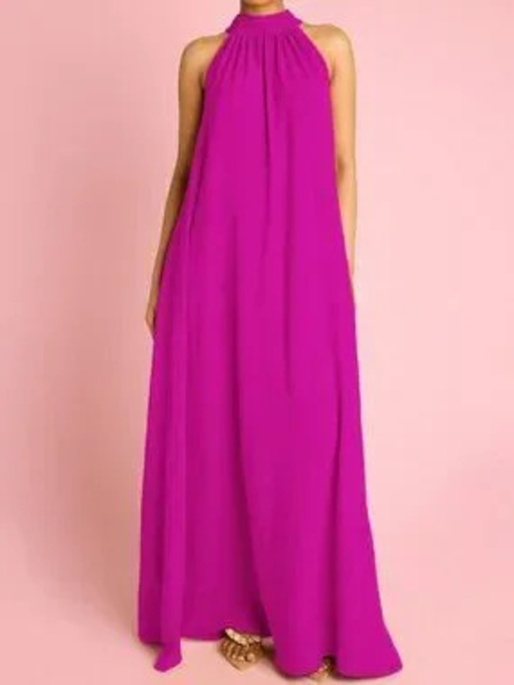 ZARA Hot Pink Elegant Boho Women's Halterneck Flowing Trapeze Maxi Dress